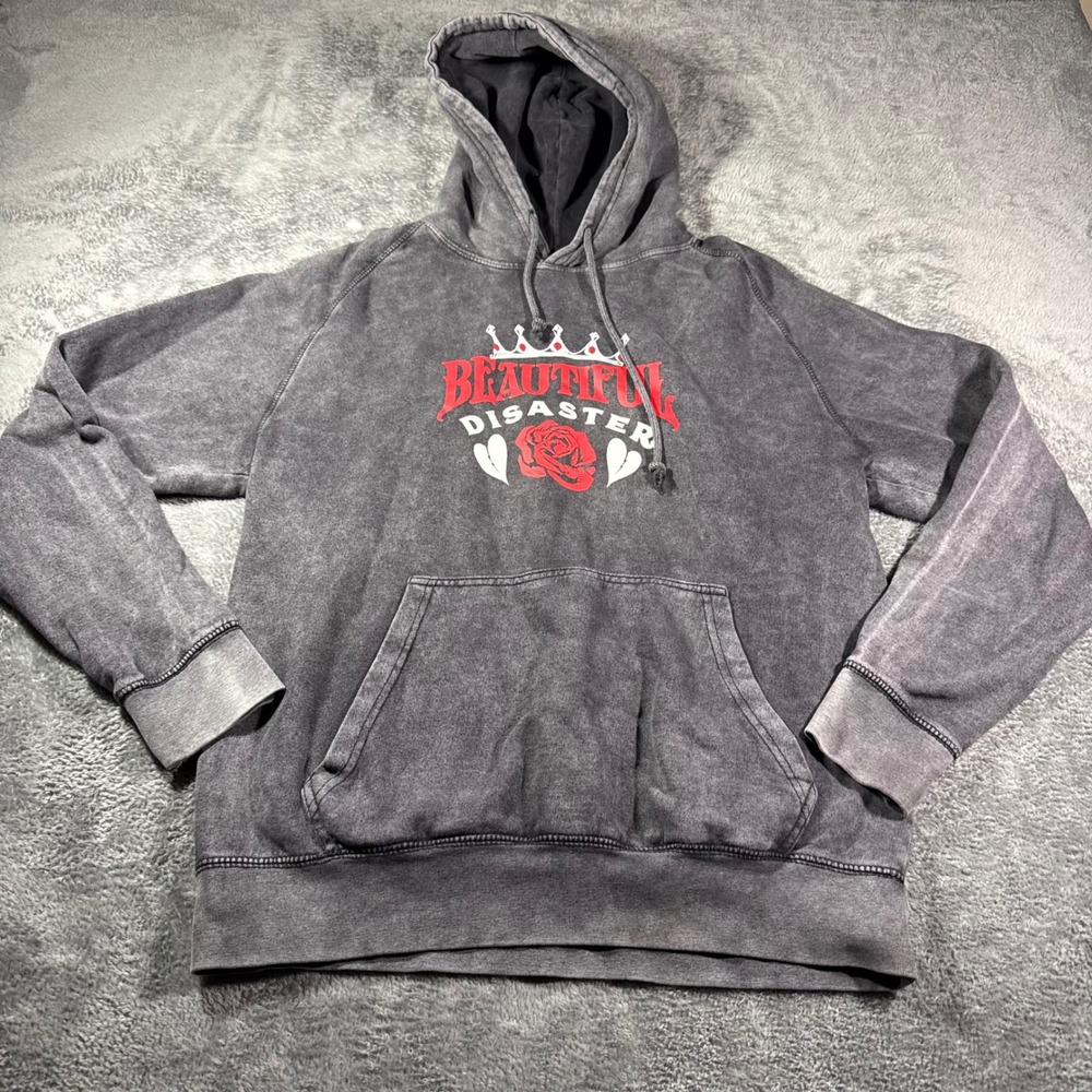 Beautiful Disaster Women Acid Wash Queen Pain Into Power Hoodie Charcoal Large